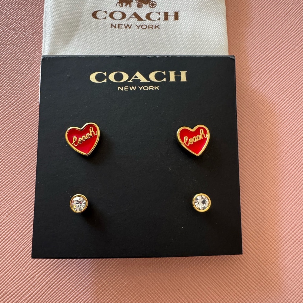 Coach Red Heart and Gold Crystal Earrings